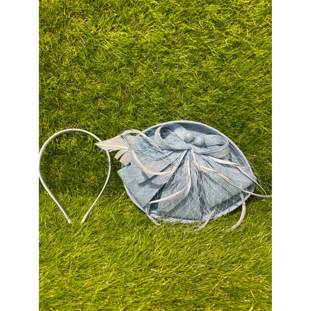 Light Blue Sinamay Fascinator Hat with Bow Feathers and Headband for Weddings